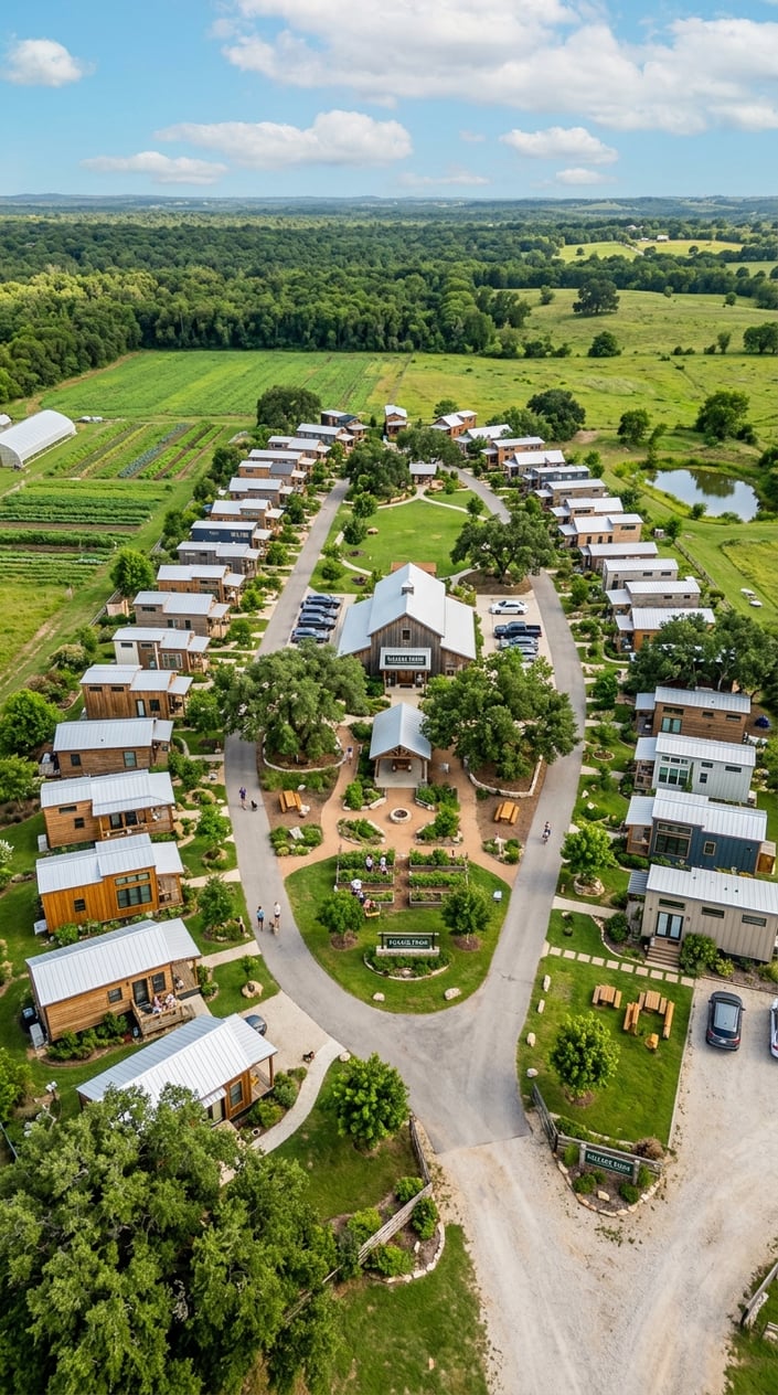 A small community of tiny homes surrounded by farmland and trees with people enjoying outdoor amenities like gardens and picnic areas.