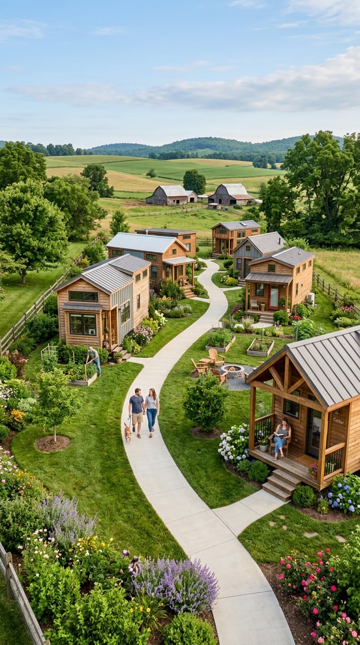 A tiny home community with several small houses surrounded by green grass, gardens, and trees, set in a rural farm area with hills in the background.