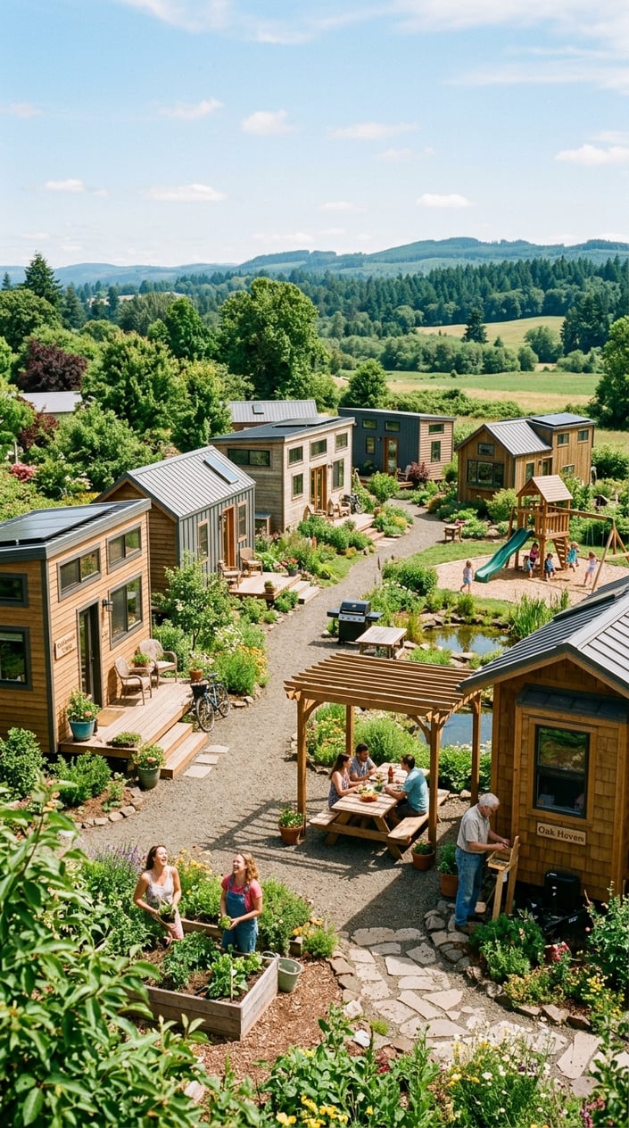 A tiny home community with modern small houses, green gardens, walking paths, and people enjoying outdoor communal spaces on a sunny day.