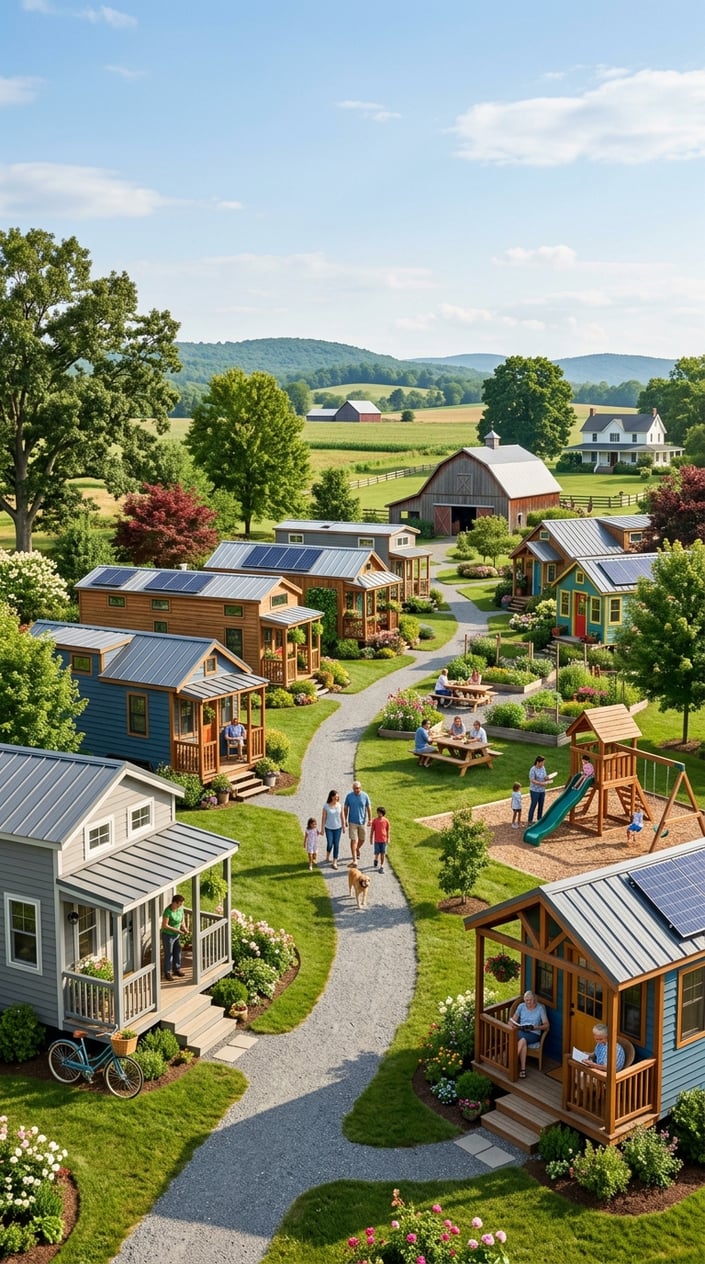 A small community of modern tiny homes surrounded by green lawns, trees, and people enjoying outdoor communal areas.