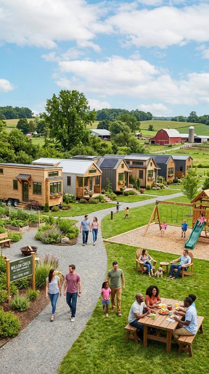 A tiny home community with several small houses, green lawns, trees, and people enjoying outdoor communal spaces.