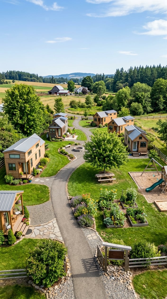 A peaceful tiny home community with modern small houses, green lawns, trees, and outdoor amenities under a clear blue sky.
