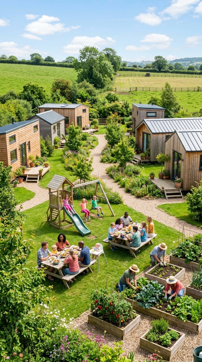 A tiny home community with several small houses, green lawns, a playground, picnic tables, and a communal garden with people enjoying outdoor activities.