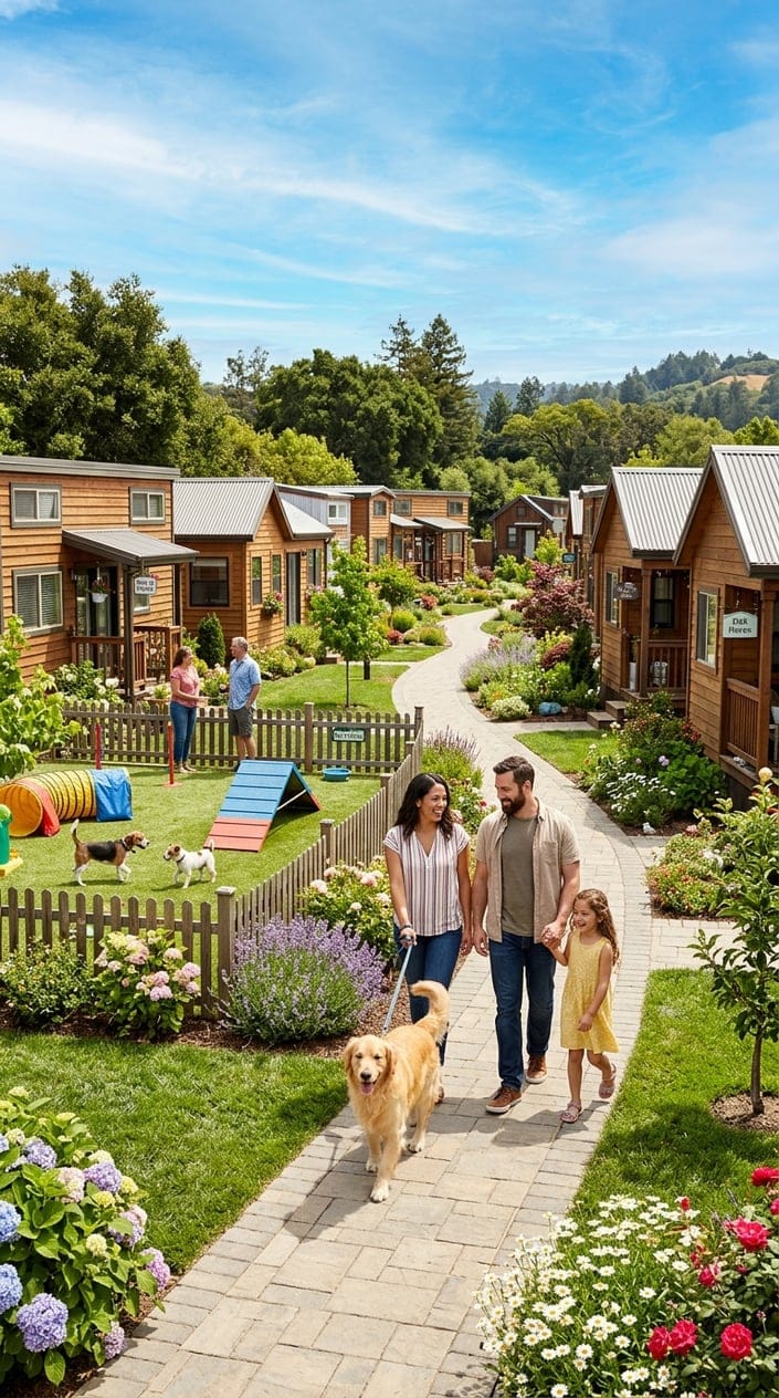 A family walking a dog on a path in a tiny home community with a dog play area and modern small houses in the background.