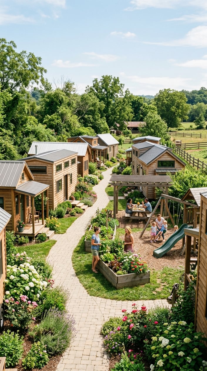 A small community of modern tiny homes surrounded by greenery with people enjoying outdoor communal spaces.
