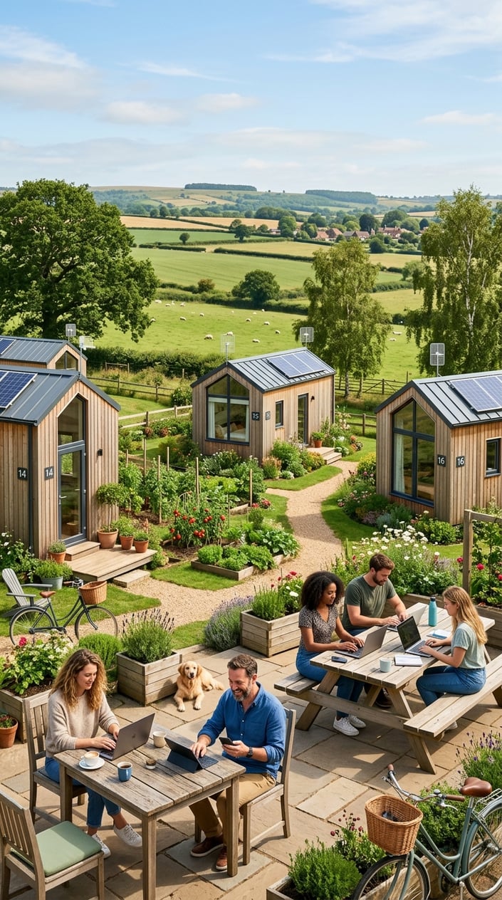A small community of modern tiny homes on a farm with people working on laptops outdoors surrounded by green fields and clear skies.