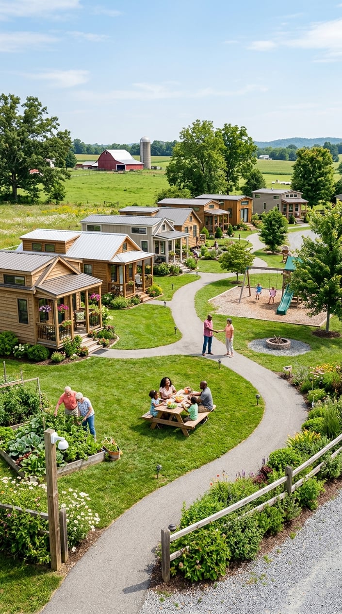 A peaceful tiny home community in a village farm setting with modern small houses, green lawns, walking paths, and people enjoying outdoor amenities.