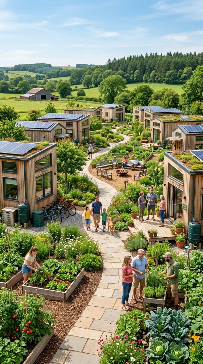 A tiny home community surrounded by greenery with people gardening and walking along pathways among eco-friendly houses.