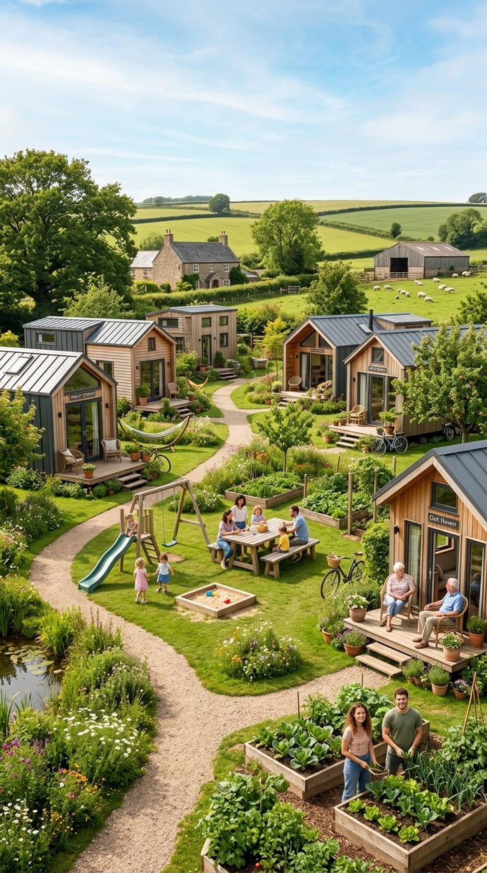 A peaceful tiny home community with several small houses surrounded by greenery and people enjoying outdoor communal spaces.