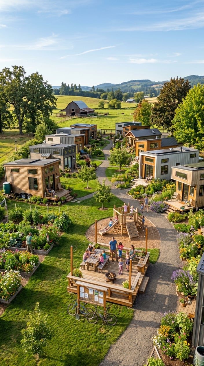 A sunny village farm tiny home community with modern small houses, green lawns, gardens, and people enjoying outdoor communal areas.