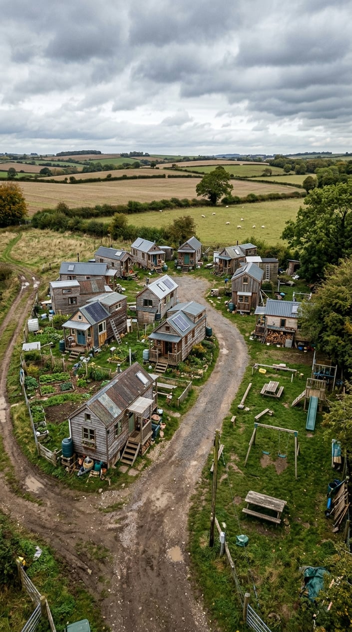 A small rural farm with tiny homes clustered together, surrounded by farmland and basic amenities under a cloudy sky.