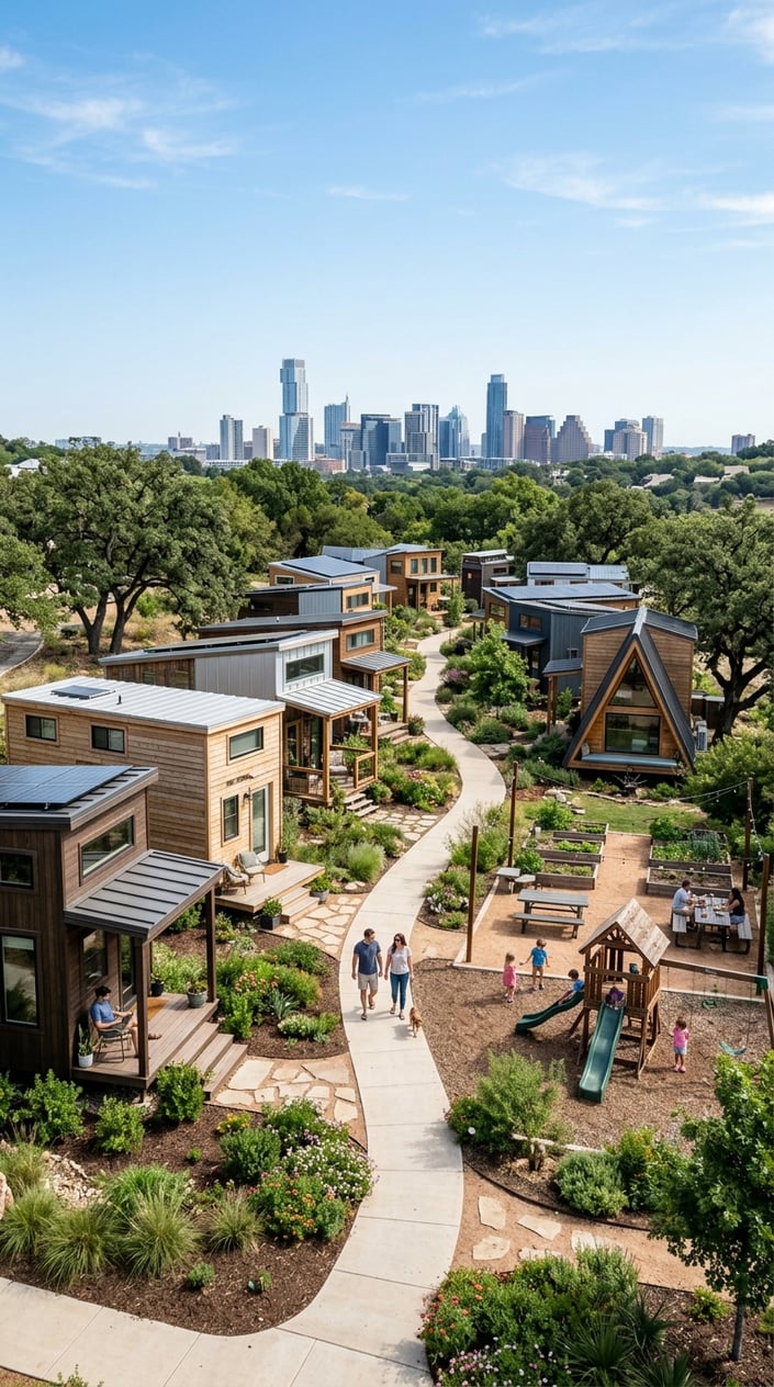 A tiny home community with modern small houses surrounded by greenery and walkways, with the Austin city skyline in the background.