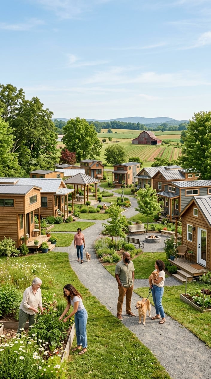 A peaceful tiny home community with several small houses, green lawns, trees, and people interacting outdoors.