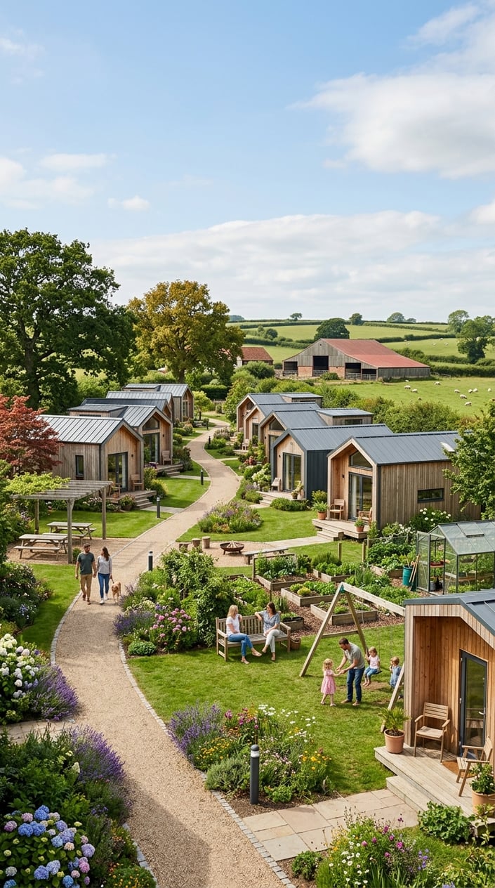 A tiny home community with modern small houses, green lawns, trees, and people enjoying outdoor communal spaces.