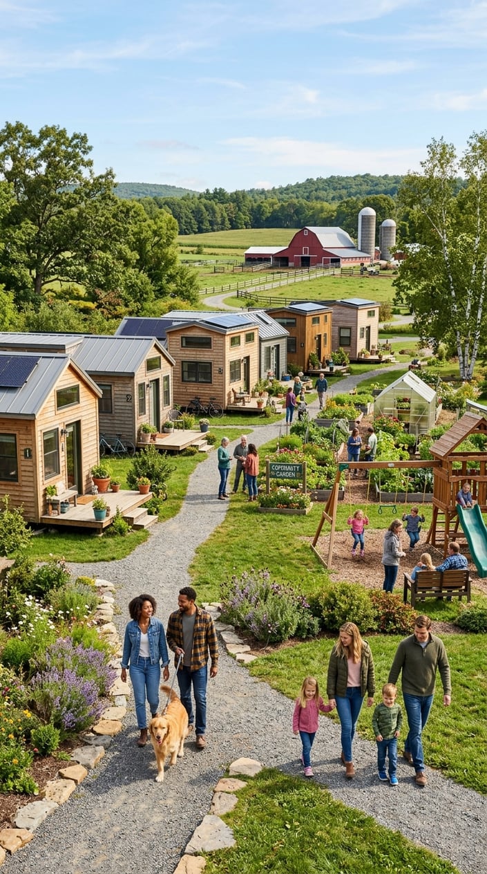 A peaceful tiny home community with modern small houses, green lawns, trees, and people walking and enjoying the outdoor space.