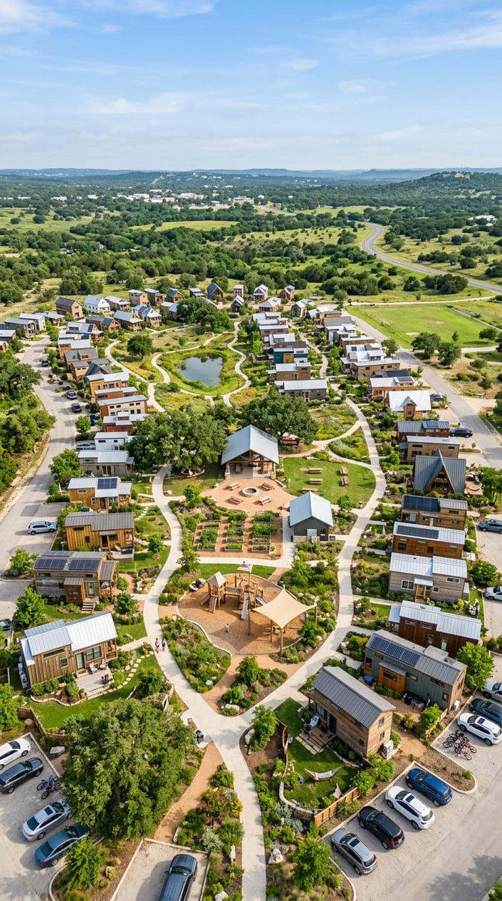 Aerial view of a tiny home community with small houses surrounded by trees, pathways, and outdoor communal spaces under a clear sky.