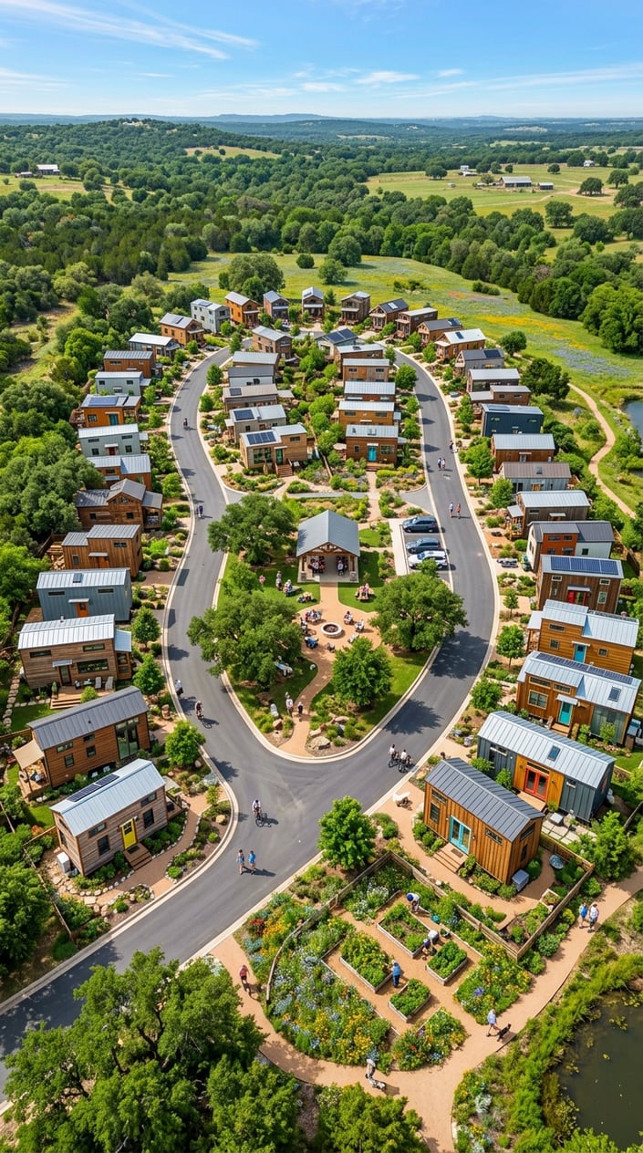Aerial view of a tiny home community with small houses, green trees, and people enjoying outdoor activities on a sunny day.