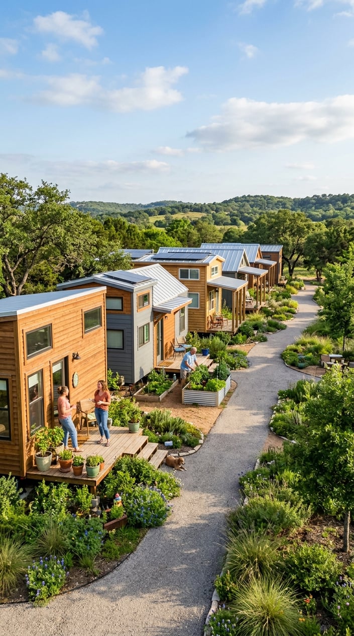 A peaceful tiny home community in Texas with several small houses, greenery, and people enjoying the outdoor space.
