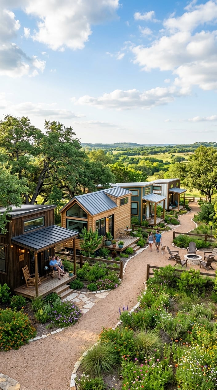 A peaceful tiny home community with small modern houses surrounded by trees and greenery under a clear sky.