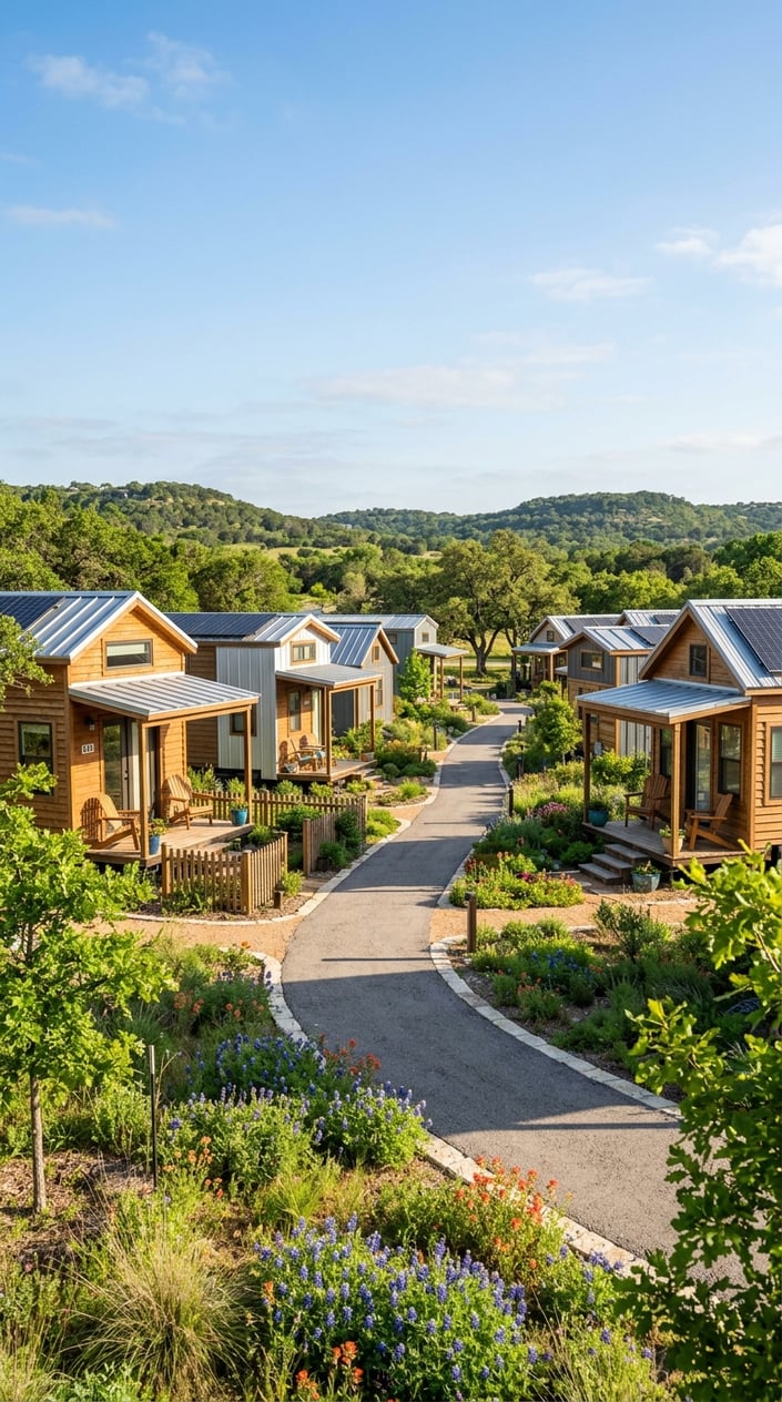 A peaceful tiny home community in Texas with modern small houses surrounded by greenery and clear blue sky.