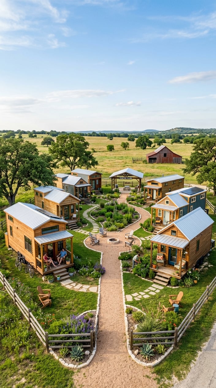 A peaceful tiny home community with small houses, green lawns, and open fields under a blue sky.