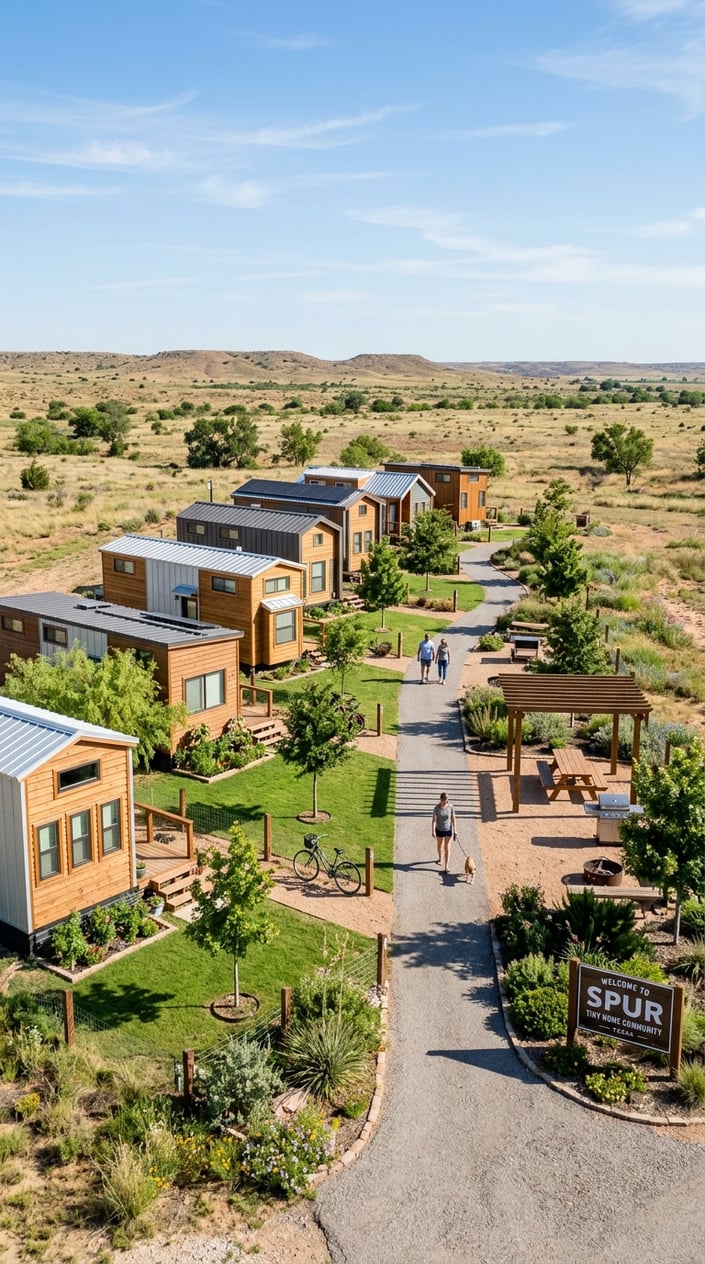 A sunny tiny home community with several small modern houses, green lawns, and a clear blue sky in a dry, open landscape.