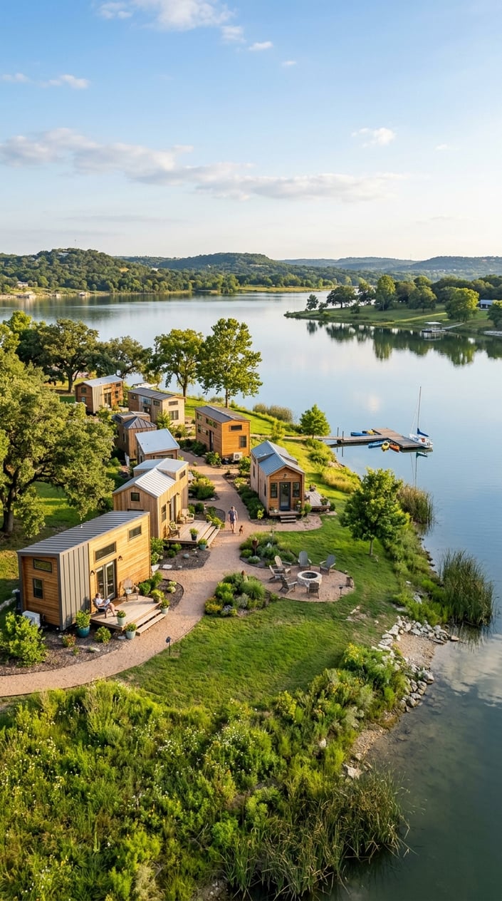 A peaceful tiny home community with several small houses near a calm lake surrounded by trees and green grass.