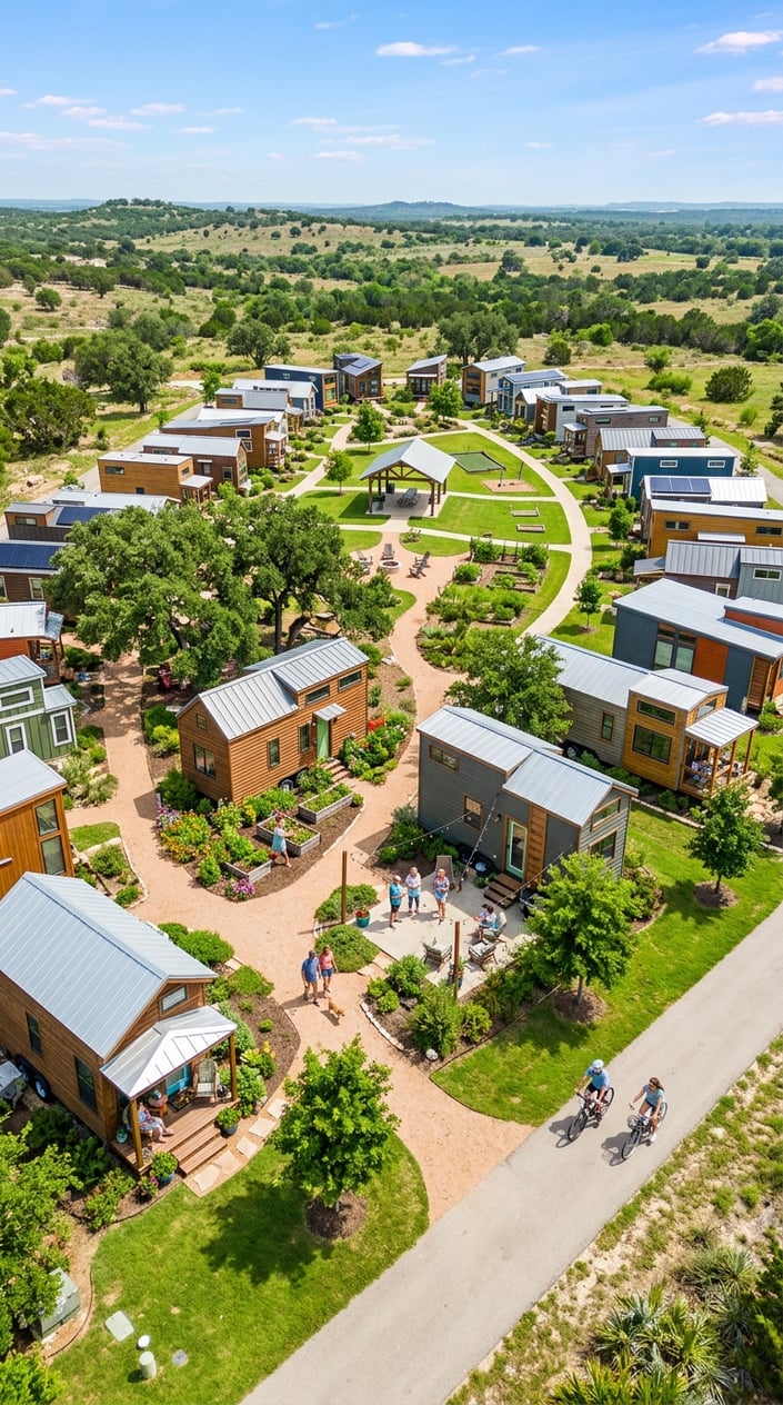 Aerial view of a tiny home community with small houses, green lawns, trees, and people walking and biking outdoors.