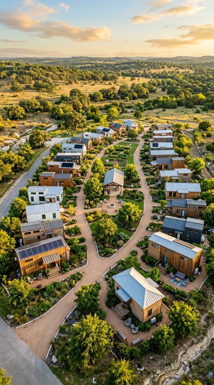 Aerial view of a peaceful tiny home community with small houses, greenery, and rolling hills in the background.