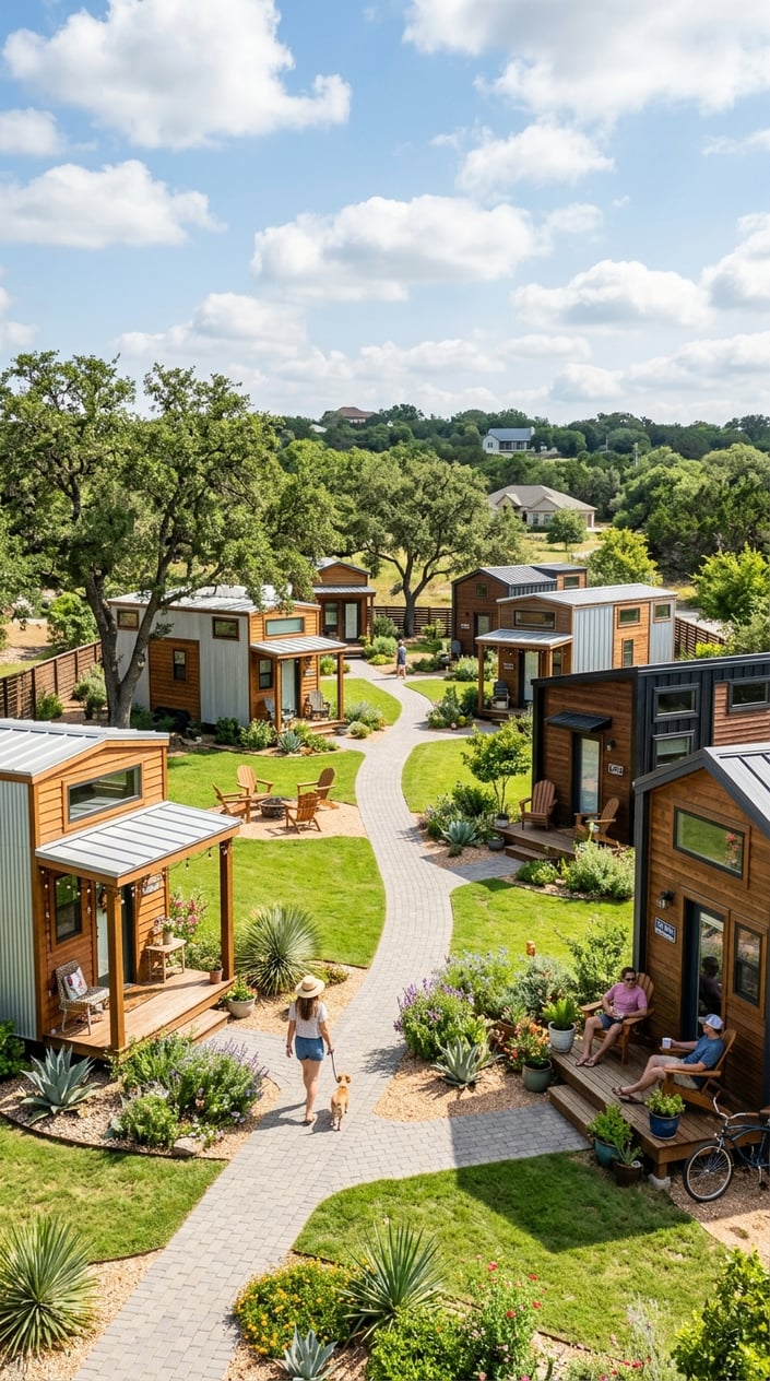 A peaceful tiny home community in Texas with modern small houses, green lawns, trees, and people enjoying the outdoor space.