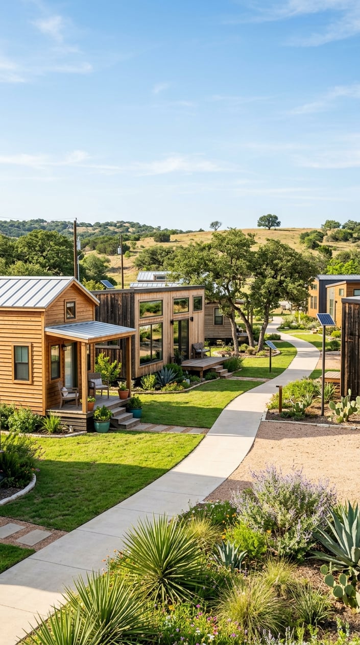 A peaceful tiny home community in Texas with several small wooden houses, green lawns, and trees under a clear blue sky.