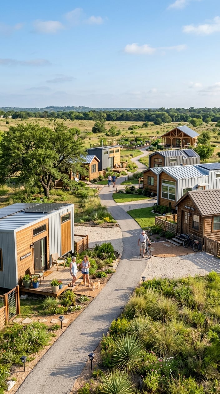 A small community of modern tiny homes in a sunny outdoor setting with people walking on a pathway among native Texas plants.