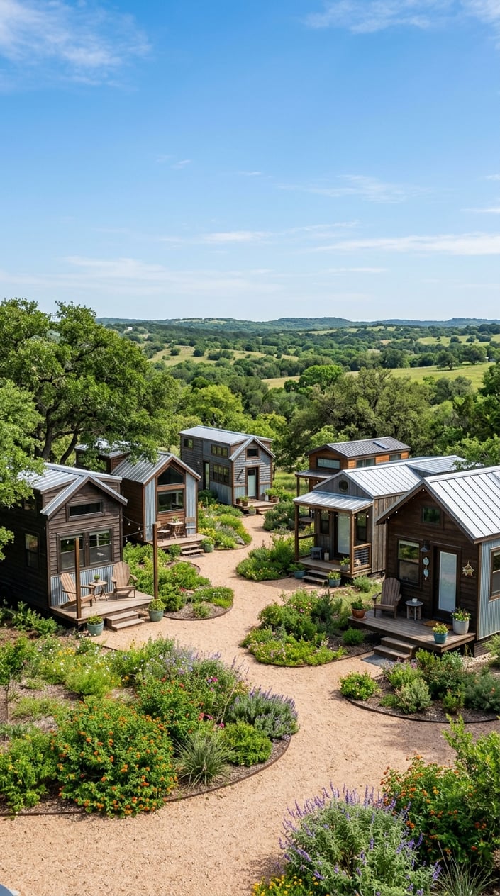 A group of tiny homes surrounded by greenery and trees with rolling hills in the background.