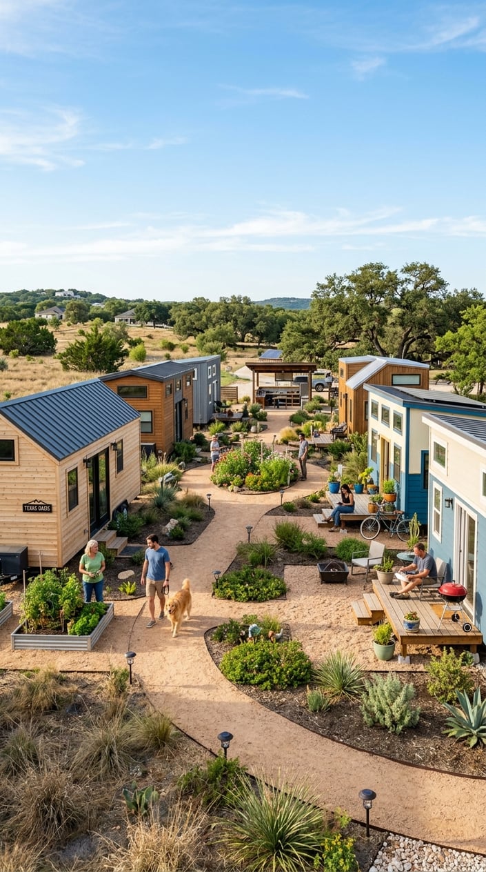 A tiny home community in Texas with several small houses, people walking and gardening outdoors, surrounded by trees and grass under a clear sky.