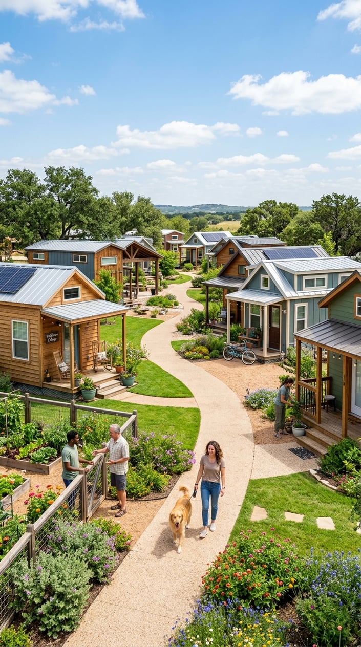 A tiny home community with small houses, green lawns, people walking and gardening under a clear blue sky.