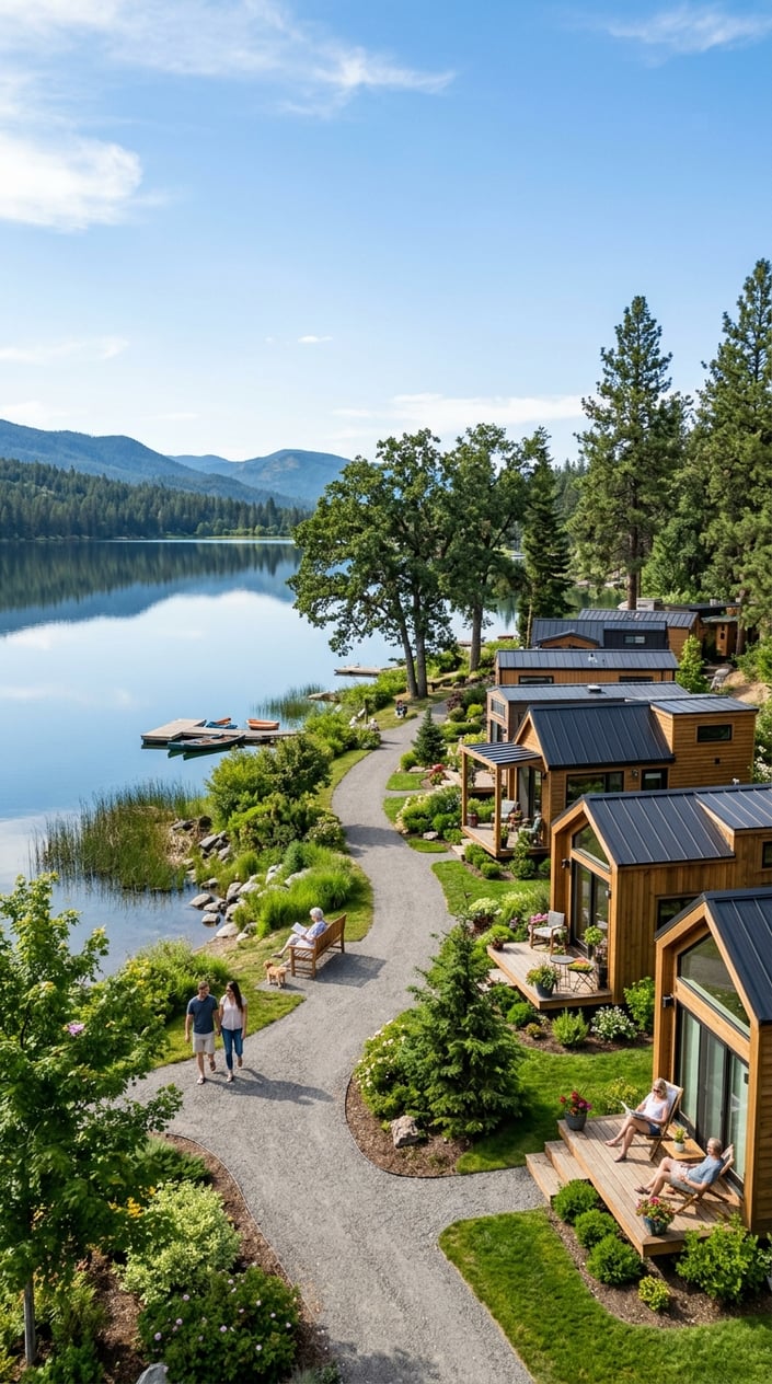Tiny homes arranged near a calm lake with trees and people walking along a pathway.