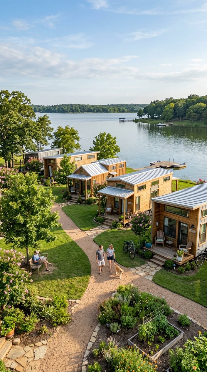 A peaceful tiny home village by a lake with small modern houses, green trees, and people enjoying the outdoors.
