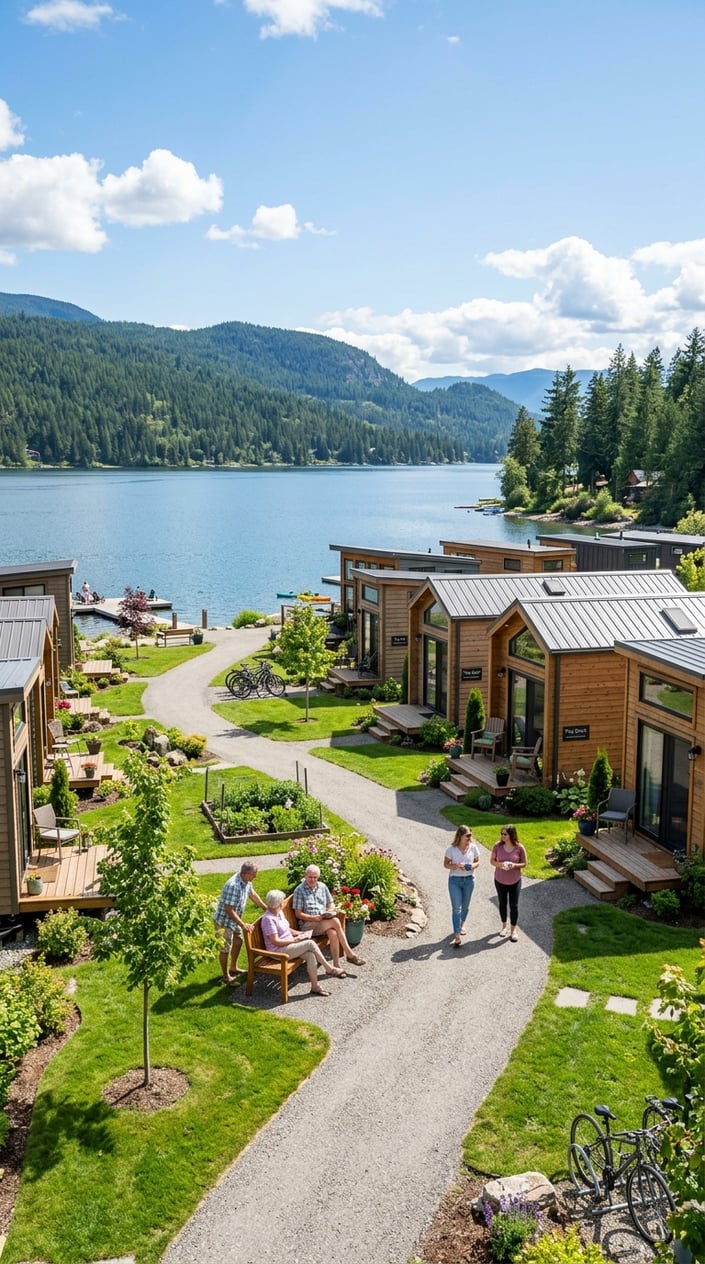 A peaceful lakeside tiny home village with modern small houses, green lawns, trees, and people enjoying the outdoor area by the water.