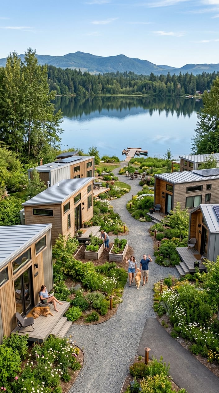 A peaceful tiny home village by a lake with small modern houses, greenery, walking paths, and people enjoying outdoor activities.