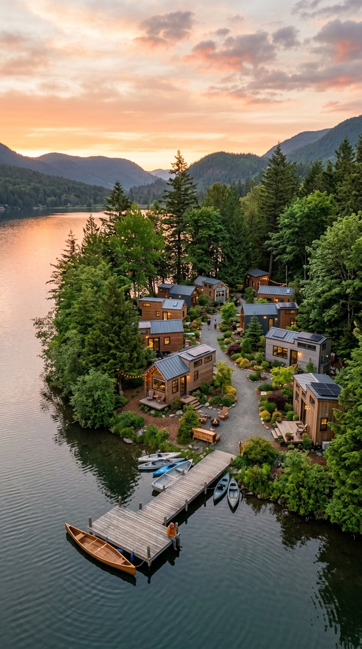 A peaceful lakeside tiny home village with modern small houses, trees, a wooden dock, and calm water at sunrise.