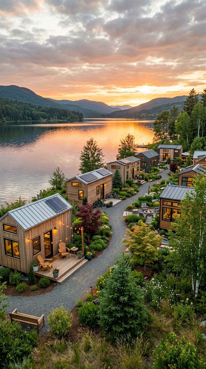 A lakeside tiny home village with several small modern houses near a calm lake during sunset, surrounded by trees and greenery.