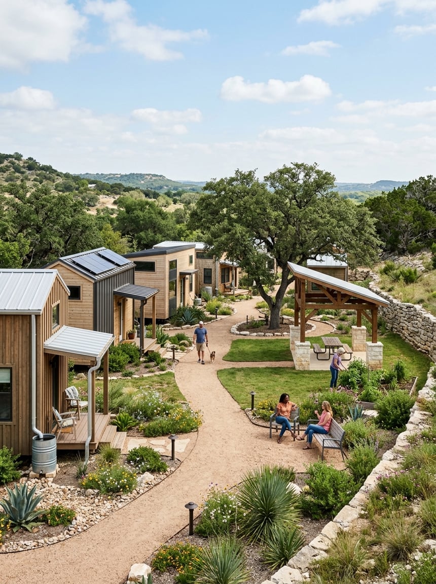 A small community of modern tiny homes surrounded by oak trees, native landscaping, and rolling Texas Hill Country.