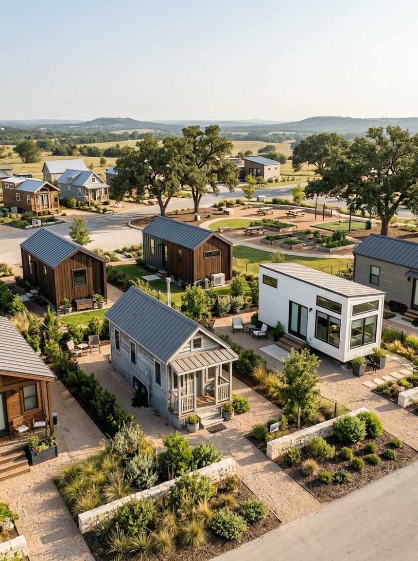 Tiny Home Communities Near Boerne: Costs and Comparisons 2 A landscaped tiny home community with varied small houses, shared amenities, and rolling Texas Hill Country scenery.