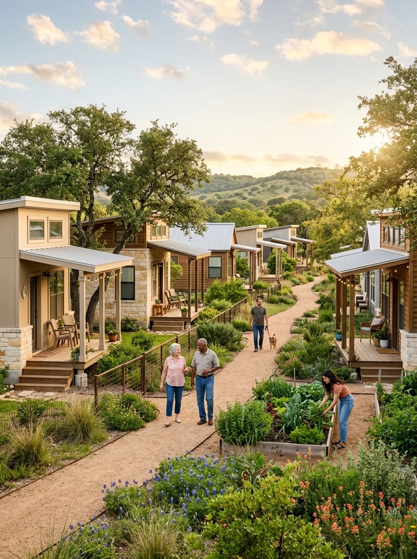 Tiny Home Communities Near Boerne: Costs and Comparisons 3 A welcoming tiny home community with landscaped paths, shared gardens, and oak trees in the Texas Hill Country.