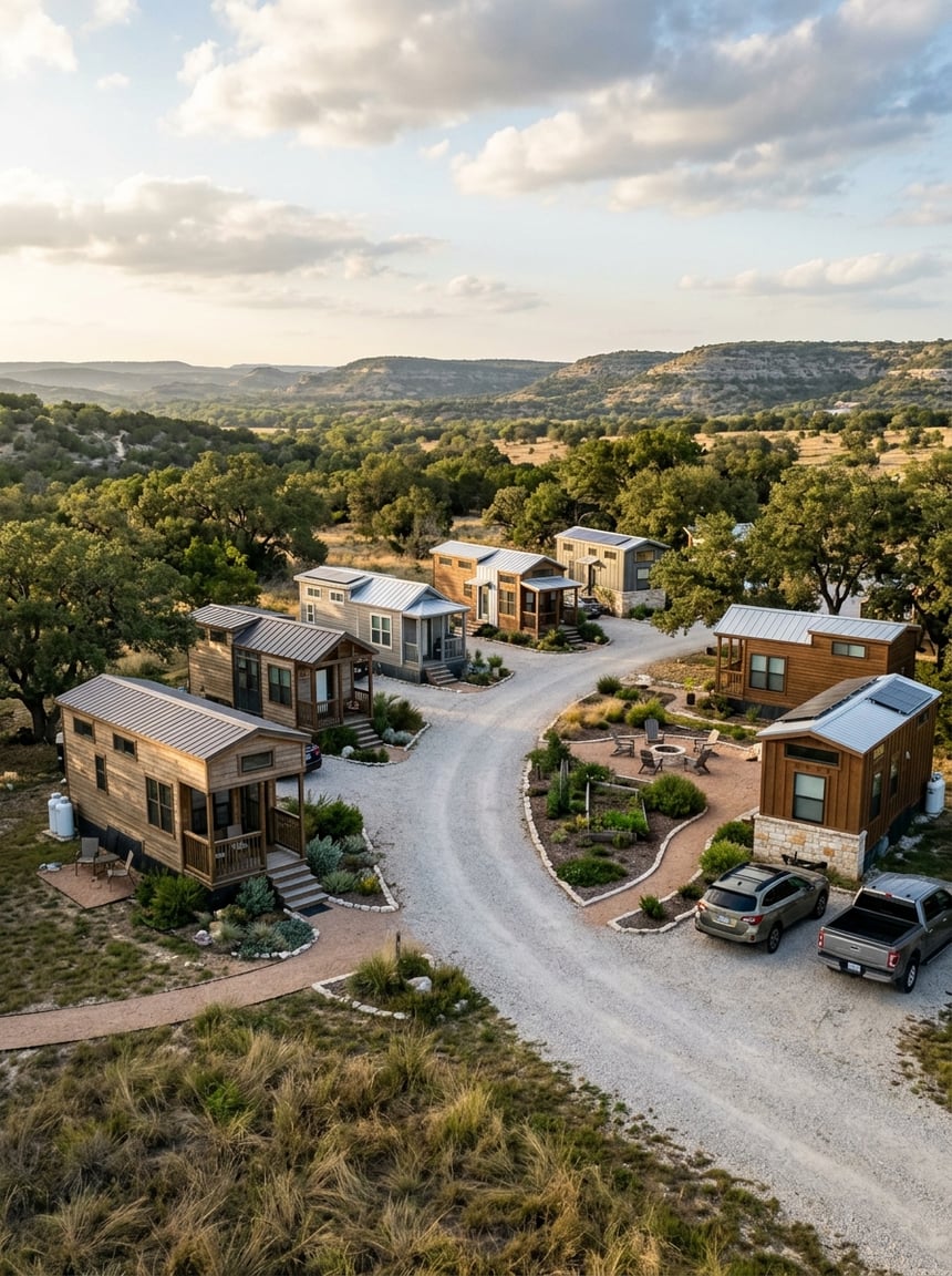 A small community of modern tiny homes along a landscaped lane in the rolling Texas Hill Country.