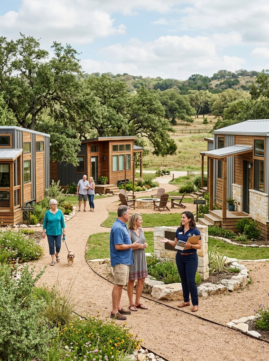 Adults tour a welcoming tiny home community surrounded by the Texas Hill Country.