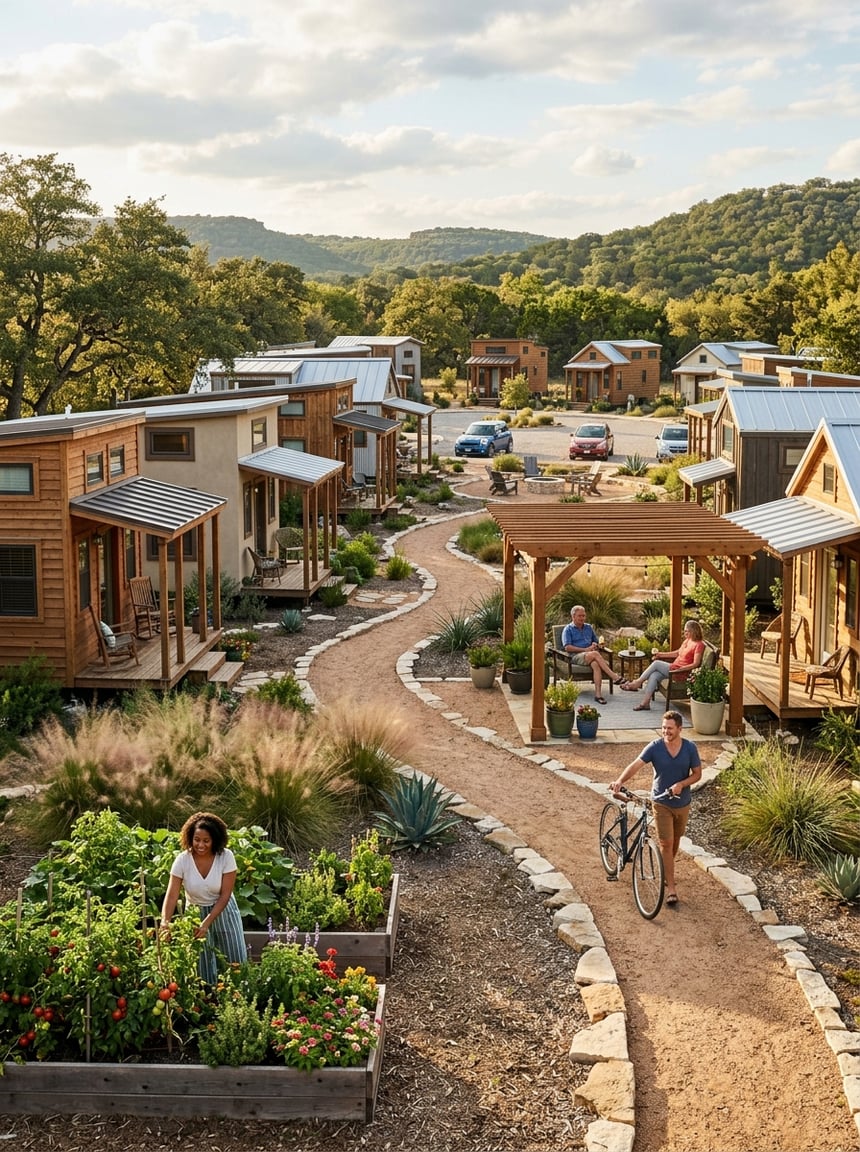 A landscaped tiny home community with residents enjoying shared outdoor spaces among the rolling hills near Boerne.