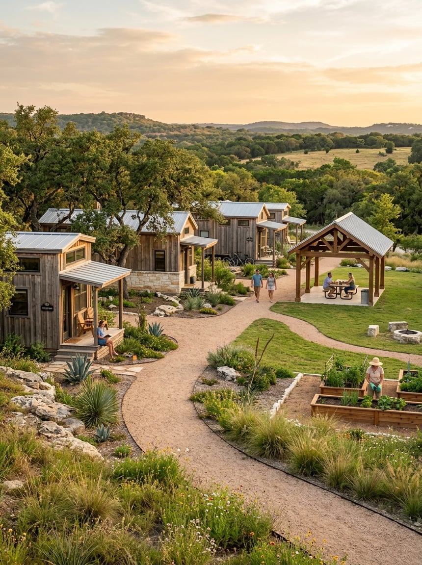 A welcoming tiny home community with modern homes, oak trees, walking paths, and shared green space in the Texas Hill Country.