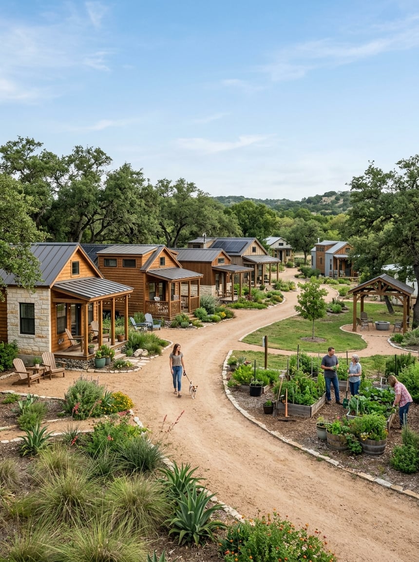 A welcoming community of tiny homes surrounded by trees, landscaping, and rolling Texas Hill Country terrain.