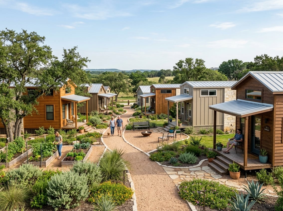 7 Best Tiny Home Communities Near New Braunfels (Prices & Amenities) 1 A landscaped neighborhood of modern tiny homes among oak trees and native plants in the Texas Hill Country.